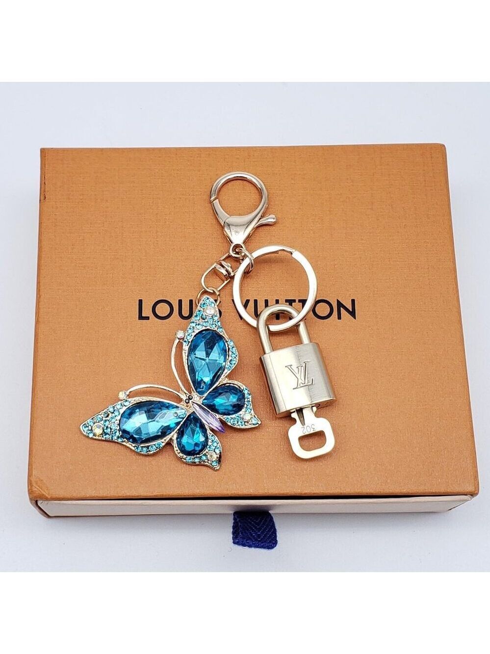 Authentic Louis Vuitton Gold Lock & Box w/ Unbranded Butterfly Bagcharm